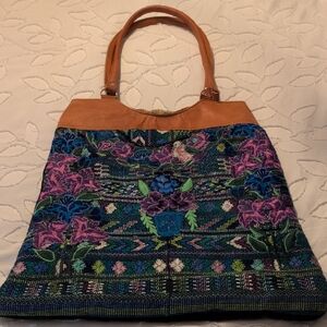 Floral Embroidered Tote Bag with Tan Handles